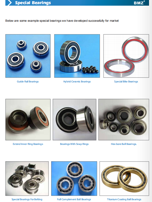 Guide Rail Bearings | Hybrid Ceramic Bearings | Special Bike Bearings | Extend Inner Ring Bearings | Bearings With Snap Rings | Hex-bore Ball Bearings | Special Bearings For Belting | Full Complement Ball Bearings | Titanium Coating Ball Bearings